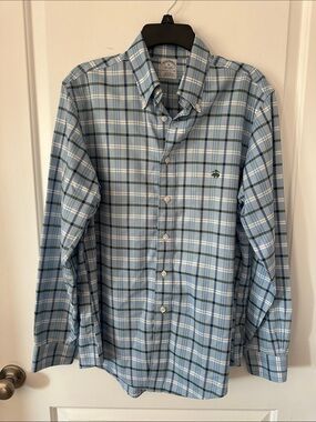 Brooks Brothers Light Blue, White and Navy Plaid Button-Down Shirt
